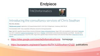 24
Endpiece
o https://sites.google.com/view/tw2informatics/home homepage
o https://europepmc.org/search?query=AUTH:%22Southan+C%22 publications
 