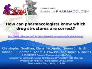 How can pharmacologists know which
drug structures are correct?
Christopher Southan, Elena Faccenda, Simon J. Harding,
Joanna L. Sharman, Adam J. Pawson, and Jamie A Davies
IUPHAR/BPS Guide to Pharmacology (GtoPdb)
University of Edinburgh, Centre for Integrated Physiology, EH8 9XD, UK.
Presentation for BPS | Pharmacology 2016, London
Scheduled for Wed, Dec14, 2:15 PM
1
http://www.slideshare.net/cdsouthan/correct-drug-structures-for-pharmacology
 