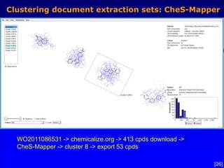 [26]
Clustering document extraction sets: CheS-Mapper
WO2011086531 -> chemicalize.org -> 413 cpds download ->
CheS-Mapper ...