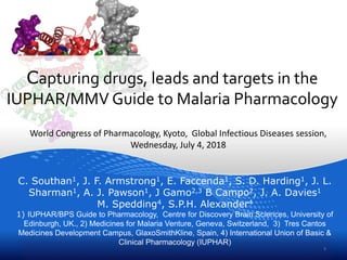 Capturing drugs, leads and targets in the
IUPHAR/MMV Guide to Malaria Pharmacology
C. Southan1, J. F. Armstrong1, E. Faccenda1, S. D. Harding1, J. L.
Sharman1, A. J. Pawson1, J Gamo2,3 B Campo2, J. A. Davies1
M. Spedding4, S.P.H. Alexander4
1) IUPHAR/BPS Guide to Pharmacology, Centre for Discovery Brain Sciences, University of
Edinburgh, UK., 2) Medicines for Malaria Venture, Geneva, Switzerland, 3) Tres Cantos
Medicines Development Campus, GlaxoSmithKline, Spain, 4) International Union of Basic &
Clinical Pharmacology (IUPHAR)
1
World Congress of Pharmacology, Kyoto, Global Infectious Diseases session,
Wednesday, July 4, 2018
 