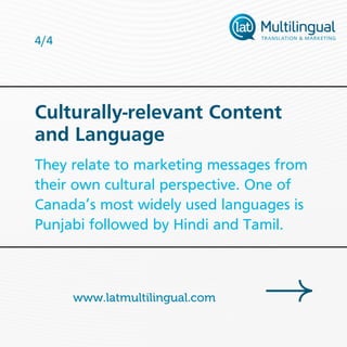 4/4
They relate to marketing messages from
their own cultural perspective. One of
Canada’s most widely used languages is
P...