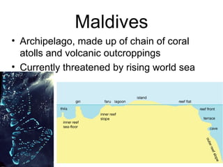 Maldives
• Archipelago, made up of chain of coral
atolls and volcanic outcroppings
• Currently threatened by rising world sea
levels
 