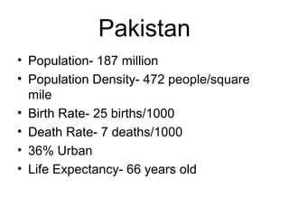 Pakistan
• Population- 187 million
• Population Density- 472 people/square
mile
• Birth Rate- 25 births/1000
• Death Rate- 7 deaths/1000
• 36% Urban
• Life Expectancy- 66 years old
 