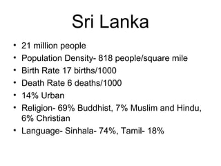 Sri Lanka
• 21 million people
• Population Density- 818 people/square mile
• Birth Rate 17 births/1000
• Death Rate 6 deaths/1000
• 14% Urban
• Religion- 69% Buddhist, 7% Muslim and Hindu,
6% Christian
• Language- Sinhala- 74%, Tamil- 18%
 