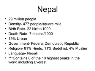 Nepal
• 29 million people
• Density- 477 people/square mile
• Birth Rate- 22 births/1000
• Death Rate- 7 deaths/1000
• 19% Urban
• Government- Federal Democratic Republic
• Religion- 81% Hindu, 11% Buddhist, 4% Muslim
• Language- Nepali
• ***Contains 8 of the 10 highest peaks in the
world including Everest
 