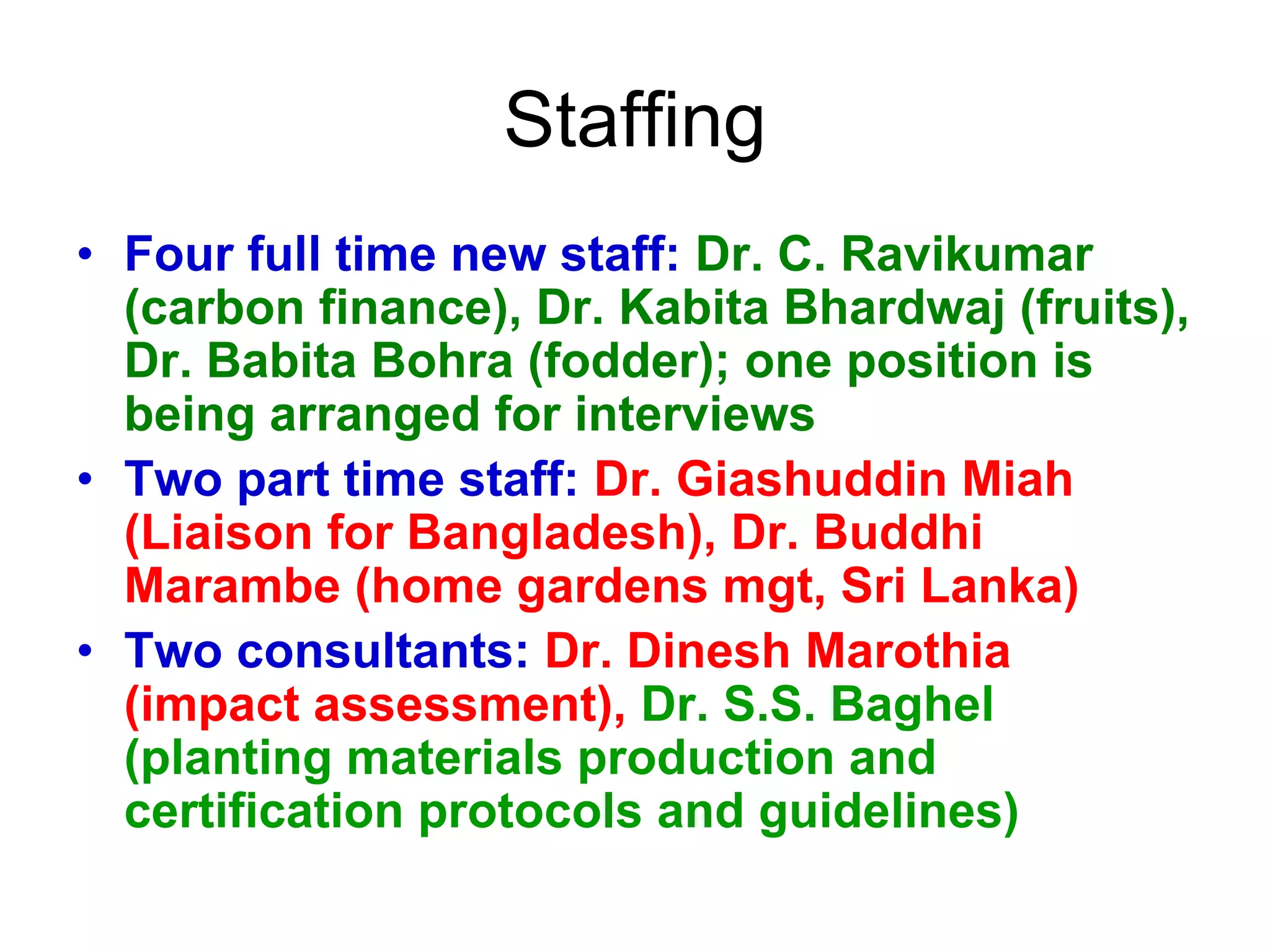 Staffing
• Four full time new staff: Dr. C. Ravikumar
  (carbon finance), Dr. Kabita Bhardwaj (fruits),
  Dr. Babita Bohra (fodder); one position is
  being arranged for interviews
• Two part time staff: Dr. Giashuddin Miah
  (Liaison for Bangladesh), Dr. Buddhi
  Marambe (home gardens mgt, Sri Lanka)
• Two consultants: Dr. Dinesh Marothia
  (impact assessment), Dr. S.S. Baghel
  (planting materials production and
  certification protocols and guidelines)
 