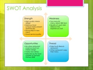 SWOT Analysis
      Strength                   Weakness
      • High quality interior    • Too many list
        design                     menu, about 380 item
      • Delicious food           • Quality of each dish
        (unique taste) present     relied on the
        aesthetically              experience chef
      • Strong R&D in new
        menu
      • Good service quality




      Opportunities              Thread
      • No other restaurant      • Fake South Beauty
        invest so much on          restaurant
        interior design          • Other restaurant copy
      • Varies new dishes          their menu
      • Selected as the food
        supplier of Olympic
        Games 2008
 