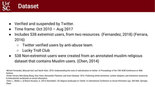 ● Verified and suspended by Twitter.
● Time frame: Oct 2010 – Aug 2017
● Includes 538 extremist users, from two resources....
