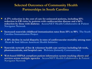 Selected Outcomes of Community Health Partnerships in South Carolina   ,[object Object],[object Object],[object Object],[object Object],[object Object]