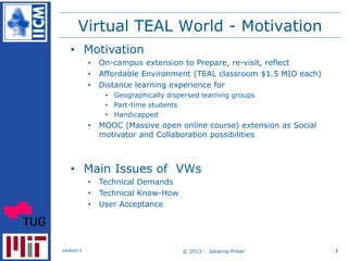 Virtual TEAL World - Motivation
© 2013 - Johanna Pirker24/09/2013 7
• Motivation
• On-campus extension to Prepare, re-visi...