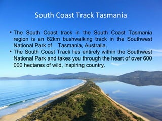 South Coast Track Tasmania 
 The South Coast track in the South Coast Tasmania 
region is an 82km bushwalking track in the Southwest 
National Park of Tasmania, Australia. 
 The South Coast Track lies entirely within the Southwest 
National Park and takes you through the heart of over 600 
000 hectares of wild, inspiring country. 
 