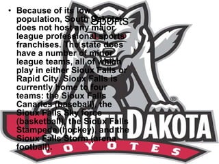 Sports Because of its low population, South Dakota does not host any major league professional sports franchises. The state does have a number of minor league teams, all of which play in either Sioux Falls or Rapid City. Sioux Falls is currently home to four teams: the Sioux Falls Canaries (baseball), the Sioux Falls Sky force (basketball), the Sioux Falls Stampede (hockey), and the Sioux Falls Storm (arena football). 
