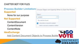 CHATTER BOT FOR FILES
Process Builder Limitations
Supported
None for our purpose
Not Supported
ContentDocument
ContentVersion
ContentNote
IdeaExchange
Add Content Document Objects to Process Builder
 