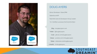 DOUG AYERS
Senior Developer, GearsCRM
Salesforce MVP
Nashville Users & Developers Group Leader
12 x Certified, pursuing Technical Architect
Blog: douglascayers.com
Twitter: @douglascayers
Code: github.com/douglascayers
Videos: youtube.com/c/douglascayers
Slides: slideshare.net/douglascayers
LinkedIn: /in/douglasayers
 