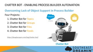 CHATTER BOT - ENABLING PROCESS BUILDER AUTOMATION
Overcoming Lack of Object Support in Process Builder
Four Projects:
1. Chatter Bot for Topics
2. Chatter Bot for Groups
3. Chatter Bot for Files
4. Chatter Bot for Feeds
https://douglascayers.com/tag/chatter-bot/
 