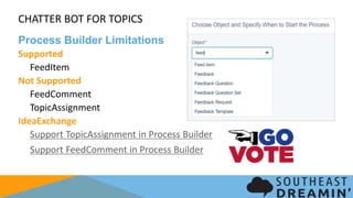 CHATTER BOT FOR TOPICS
Process Builder Limitations
Supported
FeedItem
Not Supported
FeedComment
TopicAssignment
IdeaExchange
Support TopicAssignment in Process Builder
Support FeedComment in Process Builder
 