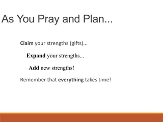 As You Pray and Plan...
Claim your strengths (gifts)...
Expand your strengths...
Add new strengths!
Remember that everything takes time!
 