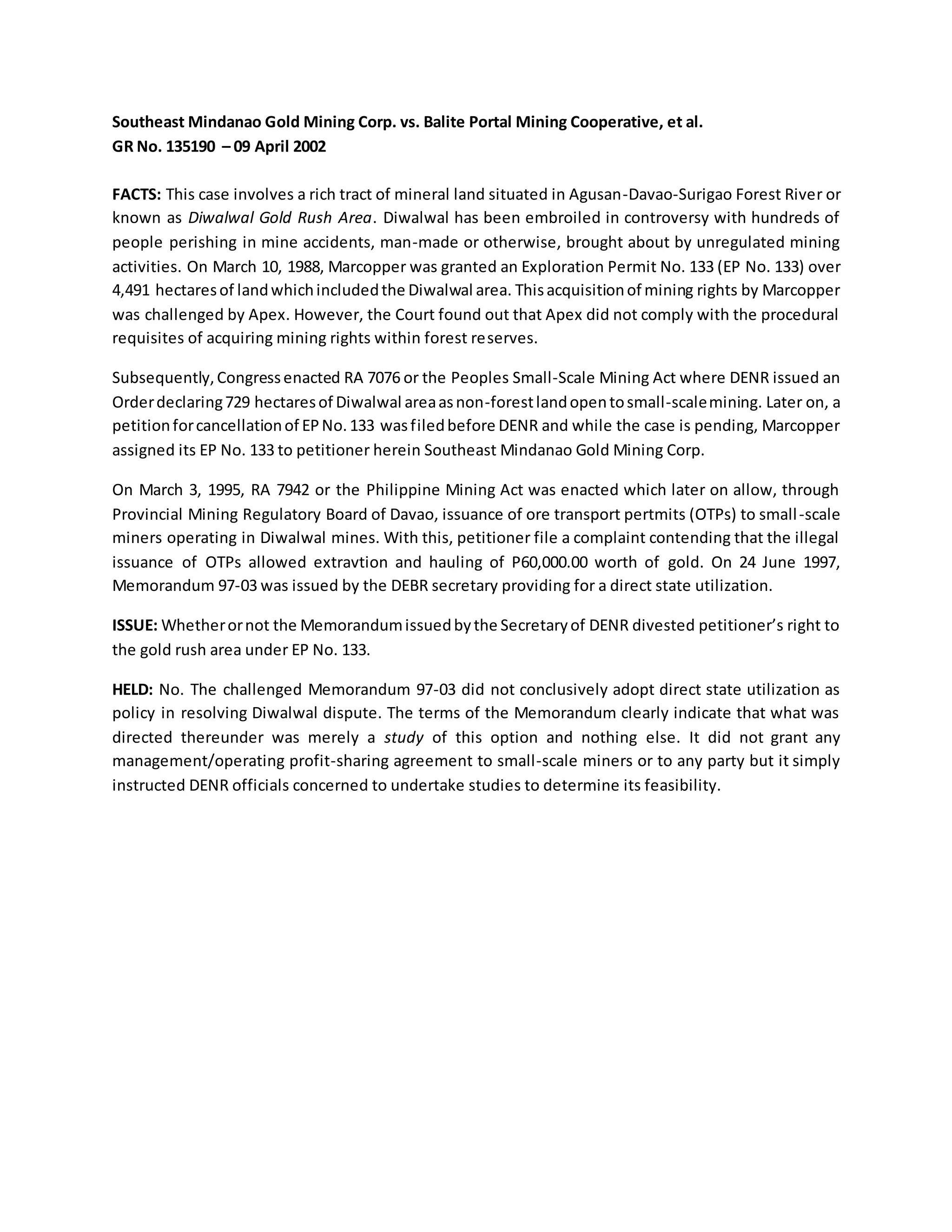 Southeast mindanao vs balite portal mining coop | DOCX