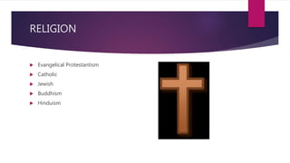 RELIGION
 Evangelical Protestantism
 Catholic
 Jewish
 Buddhism
 Hinduism
 