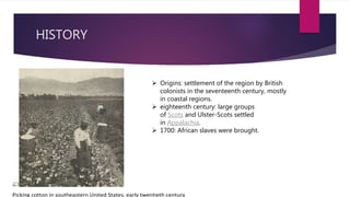 HISTORY
Picking cotton in southeastern United States, early twentieth century
 Origins: settlement of the region by British
colonists in the seventeenth century, mostly
in coastal regions.
 eighteenth century: large groups
of Scots and Ulster-Scots settled
in Appalachia.
 1700: African slaves were brought.
 