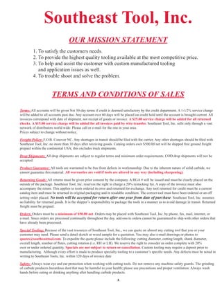 Southeast Tool, Inc.
OUR MISSION STATEMENT
	 1. To satisfy the customers needs.
	 2. To provide the highest quality tooling available at the most competitive price.	
	 3. To help and assist the customer with custom manufactured tooling	
	     and application issues as well.	
	 4. To trouble shoot and solve the problem.
TERMS AND CONDITIONS OF SALES
Terms: All accounts will be given Net 30-day terms if credit is deemed satisfactory by the credit department. A 1-1⁄2% service charge
will be added to all accounts past due. Any account over 60 days will be placed on credit hold until the account is brought current. All	
invoices correspond with date of shipment, not receipt of goods or invoice. A $25.00 service charge will be added for all returned
checks. A $15.00 service charge will be added for all invoices paid by wire transfer. Southeast Tool, Inc. sells only through a vast
network of distributors world wide. Please call or e-mail for the one in your area.	
Prices subject to change without notice.
Freight Policy: F.O.B. Conover NC. Any shortages in transit should be filed with the carrier. Any other shortages should be filed with
Southeast Tool, Inc. no more than 10 days after receiving goods. Catalog orders over $500.00 net will be shipped free ground freight	
prepaid within the continental USA; this excludes truck shipments.
Drop Shipments: All drop shipments are subject to regular terms and minimum order requirements. COD drop shipments will not be
accepted.
Product Guarantee: All tools are warranted to be free from defects in workmanship. Due to the inherent nature of solid carbide, we
cannot guarantee this material. All warranties are void if tools are altered in any way (including sharpening).
Returning Goods: All returns must be given prior consent by the company. A RGA # will be issued and must be clearly placed on the
outside of the package. Southeast Tool, Inc. reserves the right to charge a 20% restocking fee. A copy of the invoice must also	
accompany the return. This applies to tools ordered in error and returned for exchange. Any tool returned for credit must be a current	
catalog item and must be returned in original packaging and in resalable condition. The correct tool must have been ordered or an off	
setting order placed. No tools will be accepted for return after one year from date of purchase. Southeast Tool, Inc. assumes
no liability for returned goods. It is the shipper’s responsibility to package the tools in a manner as to avoid damage in transit. Returned
freight must be prepaid.
Orders: Orders must be a minimum of $50.00 net. Orders may be placed with Southeast Tool, Inc. by phone, fax, mail, internet, or
e-mail. Since orders are processed continually throughout the day, add-ons to orders cannot be guaranteed to ship with other orders that
have already been processed.
Special Tooling: Because of the vast resources of Southeast Tool, Inc., we can quote on almost any cutting tool that you or your
customer may need. Please send a detail sketch or wood sample for a quotation. You may also e-mail drawings or photos to	
quotes@southeasttool.com. To expedite the quote please include the following: cutting diameter, cutting length, shank diameter,
overall length, number of flutes, cutting rotation (i.e. RH or LH). We reserve the right to consider an order complete with 20%
over or under ordered quantity. Specials are not subject to return or cancellation. Custom tooling may require a deposit prior to
manufacturing.  Although every effort is made to produce specialty tooling to a customer’s specific needs. Any defects must be noted in
writing to Southeast Tools, Inc. within 120 days of invoice date
Safety: Always wear eye and ear protection when working with cutting tools. Do not remove any machine safety guards. The grinding
of carbide produces hazardous dust that may be harmful to your health; please use precautions and proper ventilation. Always wash	
hands before eating or drinking anything after handling carbide products.
A
 