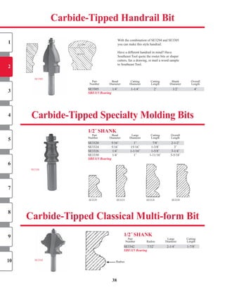 38
SE3305
	 Part		 Bead	 Cutting	 Cutting	 Shank	 Overall	
	 Number		 Diameter		 Diameter	 Length		 Diameter	 Length	
SE3305		 1/4˝			 1-1/4˝			 2˝			 1/2˝			 4˝			
SBE115 Bearing
1/2˝ ShAnK
	 Part		 Bead	 Large	 Cutting	 Overall	 	
Number		 Diameter		 Diameter	 Length		 Length	
SE3320		 5/16˝		 1˝		 7/8˝		 2-1/2˝	
SE3324		 5/16˝		 15/16˝		 1-3/8˝		 3˝	
SE3326		 1/4˝		 1-1/16˝		 1-5/8˝		 3-1/4˝	
SE3330		 1/4˝		 1˝		 1-11/16˝		 3-5/16˝	
SBE115 Bearing
Carbide-Tipped handrail Bit
Carbide-Tipped Specialty Molding Bits
Carbide-Tipped Classical Multi-form Bit
SE3342
SE3320		 5/16˝		 1˝		 7/8˝		 2-1/2˝	
SE3326		 1/4˝		 1-1/16˝		 1-5/8˝		 3-1/4˝	
SE3305		 1/4˝			 1-1/4˝			 2˝			 1/2˝			 4˝			
With	the	combination	of	SE3294	and	SE3305
you	can	make	this	style	handrail.
Have	a	different	handrail	in	mind?	Have
Southeast	Tool	quote	the	router	bits	or	shaper
cutters,	fax	a	drawing,	or	mail	a	wood	sample
to	Southeast	Tool.
1/2˝ ShAnK
	 Part		 	 Large	 Cutting	
	 Number		 Radius	 Diameter	 Length	
SE3342			 7/32˝				 2-1/4˝				 1-7/8˝	
SBE115 Bearing
Radius
SE3330SE3326SE3324SE3320
1
2
3
4
5
6
7
8
9
10
SE3326
SHOP NOW
SHOP NOW
SHOP NOW
 