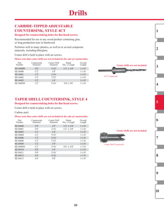 Drills
55
CARBIDe-TIPPeD ADJUSTABLe
CoUnTeRSInK, STyLe 4CT
Designed for countersinking holes for flat-head screws.
Recommended	for	use	in	any	wood	product	containing	glue,	
or	long	production	runs	in	hardwood.
Performs	well	in	many	plastics,	as	well	as	in	several	composite	
materials,	including	fi	berglass.
Center	drill	is	held	in	place	with	set	screws.
Please note that center drills are not included in the sale of countersinks.
	 Part		 Countersink		 Center	Drill		 Shank		 Overall	
	 Number		 Diameter		 Diameter		 Dia.	x	Length		 Length	
SE144000		 3/8˝		 3/16˝		 1/2˝	x	3/8˝		 1-1/4˝	
SE14400		 1/2˝		 1/8˝		 	 1-1/4˝	
SE14401		 1/2˝		 3/16˝		 	 1-1/4˝	
SE14402		 1/2˝		 7/32˝		 	 1-1/4˝	
SE14403		 1/2˝		 1/4˝		 	 1-1/4˝	
SE144030		 1/2˝		 5/16˝		 5/8	x	3/8˝		 1-1/4˝	
TAPeR SheLL CoUnTeRSInK, STyLe 4
Designed for countersinking holes for flat-head screws.
Center	drill	is	held	in	place	with	set	screws.
Carbon	steel.
Please note that center drills are not included in the sale of countersinks.
	 Part		 Countersink		 Center	Drill		 Shank		 Overall	
	 Number		 Diameter		 Diameter		 Dia.	x	Length		 Length	
SE10400		 3/8˝		 1/8˝		 1/2˝	x	3/8˝		 1-1/4˝	
SE10401		 3/8˝		 3/16˝		 1/2˝	x	3/8˝		 1-1/4˝	
SE10402		 1/2˝		 1/8˝		 	 1-1/4˝	
SE10404		 1/2˝		 5/32˝		 	 1-1/4˝	
SE10406		 1/2˝		 3/16˝		 	 1-1/4˝	
SE10408		 1/2˝		 7/32˝		 	 1-1/4˝	
SE10409		 1/2˝		 1/4˝		 	 1-1/4˝	
SE104094		 1/2˝		 5/16˝		 5/8˝	x	3/8˝		 1-1/4˝	
SE10410		 5/8˝		 1/4˝		 	 1-1/4˝	
SE10411		 5/8˝		 5/16˝		 	 1-1/4˝	
SE10412		 3/4˝		 5/16˝		 	 1-1/4˝	
SE10413		 3/4˝		 3/8˝		 	 1-1/4˝	
SE10400		 3/8˝		 1/8˝		 1/2˝	x	3/8˝		 1-1/4˝	
SE10406		 1/2˝		 3/16˝		 	 1-1/4˝	
SE10409		 1/2˝		 1/4˝		 	 1-1/4˝	
SE10412		 3/4˝		 5/16˝		 	 1-1/4˝	
SE14401		 1/2˝		 3/16˝		 	 1-1/4˝	
SE14403		 1/2˝		 1/4˝		 	 1-1/4˝	
SE144000		 3/8˝		 3/16˝		 1/2˝	x	3/8˝		 1-1/4˝	
SE10402		 1/2˝		 1/8˝		 	 1-1/4˝	
SE10410		 5/8˝		 1/4˝		 	 1-1/4˝	
4CT	Countersink
4	Taper	Shell	Countersink
Center drills are not included.
Center drills are not included.
1
2
3
4
5
6
7
8
9
10
SHOP NOW
 