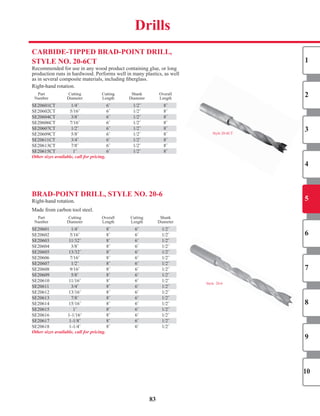 CARBIDe-TIPPeD BRAD-PoInT DRILL,
STyLe no. 20-6CT
Recommended	for	use	in	any	wood	product	containing	glue,	or	long	
production	runs	in	hardwood.	Performs	well	in	many	plastics,	as	well	
as	in	several	composite	materials,	including	fi	berglass.
Right-hand	rotation.
	 Part		 Cutting		 Cutting		 Shank	 Overall	
	 Number		 Diameter			 Length		 Diameter		 Length	
SE20601CT		 1/4˝	 6˝	 1/2˝	 8˝	
SE20602CT		 5/16˝	 6˝	 1/2˝	 8˝	
SE20604CT		 3/8˝	 6˝	 1/2˝	 8˝	
SE20606CT		 7/16˝	 6˝	 1/2˝	 8˝	
SE20607CT		 1/2˝	 6˝	 1/2˝	 8˝	
SE20609CT		 5/8˝	 6˝	 1/2˝	 8˝	
SE20611CT		 3/4˝	 6˝	 1/2˝	 8˝	
SE20613CT		 7/8˝	 6˝	 1/2˝	 8˝	
SE20615CT		 1˝	 6˝	 1/2˝	 8˝	
Other sizes available, call for pricing.
BRAD-PoInT DRILL, STyLe no. 20-6
Right-hand	rotation.
Made	from	carbon	tool	steel.
	 Part		 Cutting		 Overall	 Cutting		 Shank	
	 Number		 Diameter			 Length		 Length	 Diameter		
SE20601		 1/4˝	 8˝	 6˝	 1/2˝	
SE20602		 5/16˝	 8˝	 6˝	 1/2˝	
SE20603		 11/32˝	 8˝	 6˝	 1/2˝	
SE20604		 3/8˝	 8˝	 6˝	 1/2˝	
SE20605		 13/32˝	 8˝	 6˝	 1/2˝	
SE20606		 7/16˝	 8˝	 6˝	 1/2˝	
SE20607		 1/2˝	 8˝	 6˝	 1/2˝	
SE20608		 9/16˝	 8˝	 6˝	 1/2˝	
SE20609		 5/8˝	 8˝	 6˝	 1/2˝	
SE20610		 11/16˝	 8˝	 6˝	 1/2˝	
SE20611		 3/4˝	 8˝	 6˝	 1/2˝	
SE20612		 13/16˝	 8˝	 6˝	 1/2˝	
SE20613		 7/8˝	 8˝	 6˝	 1/2˝	
SE20614		 15/16˝	 8˝	 6˝	 1/2˝	
SE20615		 1˝	 8˝	 6˝	 1/2˝	
SE20616		 1-1/16˝	 8˝	 6˝	 1/2˝	
SE20617		 1-1/8˝	 8˝	 6˝	 1/2˝	
SE20618		 1-1/4˝	 8˝	 6˝	 1/2˝	
Other sizes available, call for pricing.
SE20605		 13/32˝	 8˝	 6˝	 1/2˝	
SE20607		 1/2˝	 8˝	 6˝	 1/2˝	
SE20611CT		 3/4˝	 6˝	 1/2˝	 8˝	
SE20601CT		 1/4˝	 6˝	 1/2˝	 8˝	
SE20604CT		 3/8˝	 6˝	 1/2˝	 8˝	
SE20607CT		 1/2˝	 6˝	 1/2˝	 8˝	
Style		20-6
SE20601		 1/4˝	 8˝	 6˝	 1/2˝	
SE20603		 11/32˝	 8˝	 6˝	 1/2˝	
Style	20-6CT
SE20615CT		 1˝	 6˝	 1/2˝	 8˝	
SE20613		 7/8˝	 8˝	 6˝	 1/2˝	
SE20615		 1˝	 8˝	 6˝	 1/2˝	
SE20609		 5/8˝	 8˝	 6˝	 1/2˝	
SE20611		 3/4˝	 8˝	 6˝	 1/2˝	
SE20617		 1-1/8˝	 8˝	 6˝	 1/2˝	
83
Drills
1
2
3
4
5
6
7
8
9
10
SHOP NOW
 