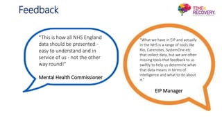 “This is how all NHS England
data should be presented -
easy to understand and in
service of us - not the other
way round!”
Mental Health Commissioner
“What we have in EIP and actually
in the NHS is a range of tools like
Rio, Carenotes, SystemOne etc
that collect data, but we are often
missing tools that feedback to us
swiftly to help us determine what
that data means in terms of
intelligence and what to do about
it.”
EIP Manager
Feedback
 