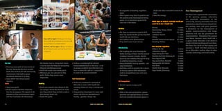 SOUTH END VISION PLAN	 1716	 SOUTH END VISION PLAN
Top, left to right / 1 Queen City Quiz
Show / 2 Visual Preference Survey / 3
Crowd listens to presentation
Bottom, left to right / 4 Sign In Table /
5 Participants pick up their South End
passports
Like Central Park vs. Palley Park. Some
is due to scale but they are completely
different intents/experiences.
»» South End needs more shady parks
»» Wherever you can put park or dog
parks. Makes dog owners more
responsible.
Mobility
»» Make cars second class citizens to the
real people! Banish the drivers to make
sure they wished they walked or rode a
bike through South End.
»» Need bike paths.
2
Rail Trail
»» Amazing cross roads at community of
the arts. Really sets the tone of what
South End wants to be with community
involvement. Gets tight in place
sometimes because it's so busy
»» Have CMPD bike officers patrol
regularly
Parks
»» Love more parks!
»» Good locations but then becomes
how do we program the spaces to be
different so they set themselves apart
and don’t just fade into themselves.
»» Parking is already tight for offices/
breweries/restaurants in the area—a lot
of people work/visit here that don't live
here or where the light rail is accessible
& need to be accommodated
Built Environment
»» Make sure investment is localized to
Charlotte or even within South End,
investing where we living in money and
sweat!
»» Keep pushing developers for more apt/
condo etc that are street/sidewalk
friendly—porches, stoops, etc.
»» Be respectful of blocking neighbor's
views
»» After 4 years living here it's good to see
the control of the development taking
place. It's an awesome place to be
now and in the future.
Culture
»» We have an awesome array to build
from! Big events like the gallery hop that
South End can build from.
»» Live outdoor art & performances
»» Bring back more music venues
Affordability
»» Like anything the more diversity the
better building of ideas! Not the easiest
in today's financial climate, but the
more we can subsidize through SF sizing
or subsidize financially is a plus.
»» Keep affordable housing pockets—not
large complexes
»» Definitely need to consider this in terms
of housing options AND office/retail
rents to keep/attract local and small
businesses
Art Everywhere
»» Colorful spaces always great
Overall
»» With all the new construction, please
promote and spotlight those of us that
built and created businesses spaces in
South End when most didn't want to be
here.
»» Love the energy!
What type of cultural amenity would you
most like to be in South End
Gallery 4 votes
Community Design Studio 4 votes
Music Venue 34 votes
Institution Branch 1 vote
Library 6 votes
Theatre/ Performance Space 20 votes
Teaching Kitchen 5 votes
Your favorite inspiration
Ribbons, SF, CA 2 votes
Interactive Displays 3 votes
Hayes Valley Mini Golf 1 vote
Overton Park Bike Gateway TN 8 votes
Town Square, WA 2 votes
Pop-up furniture, Canada 8 votes
Agitagueda Art Festival 25 votes
Hive Mind 2 votes
Karoke Kiosk, Canada 6 votes
Lego-Brucke, Germany 6 votes
Plan Development
This Vision Plan represents the culmination
of this planning process, articulating
the combined conversation of the
community, steering committee and area
stakeholders about the future of South End.
The resulting vision and goals provided
a foundation for the development of
specific recommendations and design
guidelines and lays the groundwork for
implementation. Throughout the process
one theme became clear; South End is
a place where Charlotte is not afraid to
create and test new things and new ideas.
This Vision Plan builds on that legacy and
envisions a South End that continues to
be on Charlotte’s leading edge of urban
livability, technology and sustainability.
 