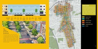 SOUTH END VISION PLAN	 35
The
Vision
for South
Boulevard
The South Boulevard of the future will be
a beautiful street lined with canopy trees,
and wide sidewalks with frequent crosswalks,
parking-protected bicycle tracks, on-street
parking and autonomous shuttles running
its length. South Tryon Street will be similarly
detailed with high quality pedestrian and
bicycle amenities.
16 ft sidewalk
with trees in
wells
16’ sidewalk
with trees in
wells
10 ft
travel
lane
10 ft
travel
lane
10 ft
travel
lane
10 ft
travel
lane
10 ft
parking
7.5 ft
raised
bike
lane
7.5 ft
raised
bike
lane
10 ft
parking
11 ft
median/
refuge/
turn lane
BAXTER
STREET
PARK
LATTA PARK
SOUTHSIDE
PARK
REVOLUTION
GOLF COURSE
REVOLUTION
PARK
WILMORE
PARK
ay
RailTrail
RailTrail
RailTrail
RailTrail
RailTrail
RailTrail
DILWORTH
SOUTHSIDE PARK
SEDGEFIELD
REVOLUTION PARK
WILMORE
BROOKHILL
STADIUM
NEW BERN
STATION
BLAND
STATION
CARSON
STATION
EAST/WEST
STATION
E Morehead St
W Morehead St
STryonSt
SouthBlvd
East Blvd
West Blvd
W
estBlvd
SouthBlvd
STryonSt
Remount Rd
Remount Rd
W Carson Blvd
W Dunbar St
W Palmer St W Palmer St
Penman St
Winona St
Winona St
W Summit Ave
CamdenRd
W
Trem
ont Ave
WTremontAve
ToomeyAve
ToomeyAve
Chicago Ave
Miller St
VillageCt
W
oodcrestAve
Doggett St
AbbottSt
ClevelandAve
EuclidAve
EuclidAve
MyrtleAve
OrioleSt
EuclidAve
GriffithSt
Griffith St
Foster Ave
BankSt
M
MarshallPl
SouthendDrAthertonHeightsLn
LyndhurstAve
LyndhurstAveLyndhurstAve
WinthropAve
LennoxAve
SpringdaleAve
HawkinsSt
HawkinsSt
DistributionSt
DunavantSt
BaltimoreAve
NorfolkAve
YoungbloodSt
Ram
part St
W Worthington Ave
W Kingston Ave
W Kingston Ave
W Kingston Ave
W Park Ave
W Park Ave
Larch St
E Kingston Ave
E Park Ave
Rensselaer Ave
Berkeley Ave
Mt Vernon Ave
M
tVernon Ave
Baxter St
Dilw
orth
Rd
LafaetteAve
CarltonAve
Berkeley Ave
E Tremont Ave
Brookside Ave
Dilworth Mews Ct
McDonald Ave
Magnolia Ave
Iverson Way
Diana Dr
Dorothy Dr
Olmstead Park Pl
SumnerGreenAve
Mather Green Ave
Meacham St
Brookhill Rd
BrookhillRd
Basin St
Benjamin St
Fairwood Ave
Fairwood Ave
Foster Ave
RemusRd
Ideal Way
Poindexter Dr
Elmhurst Rd
Berkshire Rd
Ardmore Rd
LawndaleRd
HaverfordPl
OakcrestPl
Atherton St
Marsh Rd
Dover St
Greystone Rd
Belton St
MarionPl
Melbourne Ct
E Worthington Ave
W Summit Ave
Commerce St
Lincoln St
Quincey St
Penn St
SChurchSt
SChurchSt
WinnifredSt
WinnifredSt
MoreheadSquareDr
SCaldwellSt
SCollegeSt
KeeCt
E Carson Blvd Lexington Ave
Lexington
Ave
E Bland St
W Bland St
Winthrop Ave
Romany Rd
SMcDowellSt
SClarksonSt
SClarksonSt
EldridgeSt
McNinchSt
Post St
W Palmer St
W Hill St
W Hill St
Morris St
SMintSt
SGrahamSt
SMintSt
WilmoreDr
WilmoreDr
W
ilm
ore
Dr
MerrimanAve
MerrimanAve
BarringerDr
Brentwood
Pl
Norma St
Brentwood
Pl
Beech
NutRd
MayflowerRd
PhillipsAve
BarringerDr
BethelRd
CartierWay
MerrimanAve
DunkirkDr
SpruceSt
Spruce St
WickfordPl
Westwood Ave
Spruce St
SouthwoodAve
Street Types
The street regulating plan presented on
this page ties required street sections
to specific blocks and corridors in
accordance with the Charlotte Urban
Street Design Guidelines (USDG). For
more specific information, please
refer to Chapter 5 Community Design
Principles.
Signature Street
Main Street
Mixed-Use Street
Transition Street
Neighborhood Street
Rail Trail
 