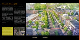 SOUTH END VISION PLAN	 4342	 SOUTH END VISION PLAN
The Vision for South Boulevard (2030)
As the Main Street for South End, South
Boulevard serves as the shopping and
entertainment hub for not just South End
but also for Dilworth, Wilmore, Sedgefield,
and beyond. The final transformation,
enabled first by the transition to electric
vehicles and their clean, quiet operation,
and then to autonomous vehicles –
both shared shuttles and private cars –
rebalanced the priorities of the street to
people – people walking, riding bikes, and
sitting and eating.
It is a place where the density of new
housing and offices created a built-
in demand for a continuous retail
environment from Carson Street to the
New Bern Station. It’s new buildings
gracefully transition in height and massing
into the canopy of the homes in Dilworth
and Sedgefield.
New development blends seemlessly
with reused historic buildings, forming
flexible spaces plazas at Atherton Mill
redevelopment illustrated at right.
Perhaps what is most unique about
South Boulevard is that it’s a corridor of
celebration. The wide sidewalks are places
to meet your neighbors and to window
shop and it’s constantly alive with activity.
Thousands of bicyclists use the raised,
protected cycle tracks to move up and
down the corridor every day. Trees soften
the landscape both in the sidewalks as
well as in occasional medians. On-street
parking is well-managed and the frequent
crosswalks make every block accessible
for everyone to navigate.
Most of all, South Boulevard is a symbol
of the vibrancy of Charlotte led by its
willingness to experiment and innovate.
It was one of the first corridors to truly
embrace on-demand cars and shuttles
who drop people off and pick them up
right at the curb along this smart corridor.
21
1 Existing conditions looking north on
South Boulevard near Atherton Mill
2 Future vision of South Boulevard as
a multi-modal corridor with mixed
use development, wide sidewalks,
and parking protected cycle tracks.
Atherton Mill includes the flexible use
of this surface parking lot as a multi-
functional plaza for public events such
as festivals and food truck rallies.
 