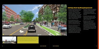 SOUTH END VISION PLAN	 4948	 SOUTH END VISION PLAN
»» Complete the streetscape from Carson
to Remount: Wide sidewalks (16 foot
minimum); underground utilities;
street trees in wells, street furnishings;
decorative lighting; 7.5 foot raised,
parking-protected cycle track on both
sides; on street parking; 10 foot travel
lanes; and an intermittent landscaped
median. Beyond West Boulevard, the
median is a regular element.
»» Infill and redevelopment: New
development and adaptively reused
buildings on both sides bring new
homes and workplaces to the area.
»» Active uses: A continuous, vibrant,
ground-floor environment is
expected. These uses should be a
mix of specific types of retail, such as
shopping, entertainment, and dining
establishments. These uses assure that
many people come to the area to
enjoy these pleasurable amenities.
»» Affordable shopfronts and workplaces:
Encourage a variety of shop spaces
and office tenant configurations
in redevelopment projects along
South Tryon Street for incubating new
businesses.
»» Promote the Office Corridor: South
Tryon Street will extend the regionally
significant office corridor from the
uptown into South End.
»» Complete and expand Wilmore
Centennial Park: This 1.5 acre
neighborhood park should grow to
a 3.5 acre park with key acquisitions
towards West Boulevard to be fully
bound by streets along all of its edges.
It will be the premier urban park in the
area with a diversity of programming
and landscape.
South Tryon Street: Key Changes/Improvements
1 Existing conditions looking south on South Tryon Street near
Morehead Street / 2 Conceptual illustration of South Tryon
Street extending the prominent office address out of uptown
along with a vibrant sidewalk and protected bike lanes
1
2
 