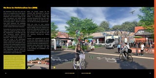 SOUTH END VISION PLAN	 5958	 SOUTH END VISION PLAN
The Vision for Distribution/New Bern (2030)
The Distribution and New Bern area has
taken on an important role as the region's
hub for small scale innovation. Including
Distribution and Dunavant Streets to the
north, Youngblood and Griffith Streets
to the south, and the New Bern Station,
mid-century modern industrial structures
have been preserved and affordably
adapted by entrepreneurs and non-profits
for their creative and service endeavors.
Surrounded by mid-rise housing along its
edges and scattered through its blocks,
the neighborhood is lively both day and
night. Workplaces operate adjacent
to evening entertainment venues and
breweries. Mixed-income housing is a
short walk away in the redeveloped
Brookhill neighborhood and the light rail
stations at New Bern and Southline (near
Dunavant and Iverson) provide access to
the greater region in less than ten minutes
from anywhere in the area. And, perhaps
most importantly, Remount Road has
transformed to a mixed-use "main street"
that provides a seam to both sides.
When not walking, people use the
extensive bike boulevards to connect
them to the Rail Trail, and, the New Bern
Shuttle, an autonomous shuttle that
circulates throughout the day and night,
connects people to the LYNX Blue Line
and into the surrounding neighborhoods.
What was once an area needing
substantial powerlines and transformers to
feed its industry, it has since become one
of the first in Charlotte to convert to local
power generation and storage, installing
solar collector arrays onto the flat roofs
and providing building-level battery
storage.
Perhaps most importantly art has found
a home here. Artists adopted the simple
building forms as their individual canvasses
and have made the neighborhood into a
walkable gallery where paint and color
share space with sculpture and light
on the buildings and embedded in the
infrastructure.
1 Existing conditions looking north on
Distribution Street / 2 Conceptual
illustration of the range of conditions
with building reuse that occurs over
time. Also shown is advanced mobility
and next generation energy to
accommodate small business start-
ups and creative working space. 21
 