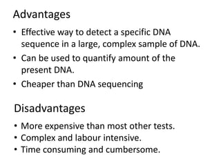 Advantages
• Effective way to detect a specific DNA
sequence in a large, complex sample of DNA.
• Can be used to quantify amount of the
present DNA.
• Cheaper than DNA sequencing
Disadvantages
• More expensive than most other tests.
• Complex and labour intensive.
• Time consuming and cumbersome.
 