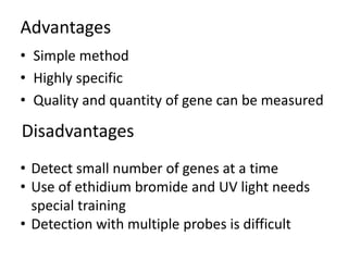 Advantages
• Simple method
• Highly specific
• Quality and quantity of gene can be measured
Disadvantages
• Detect small number of genes at a time
• Use of ethidium bromide and UV light needs
special training
• Detection with multiple probes is difficult
 