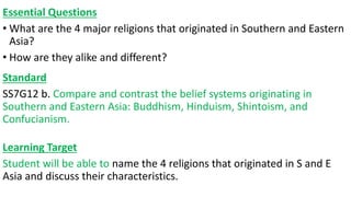 Essential Questions
• What are the 4 major religions that originated in Southern and Eastern
Asia?
• How are they alike and different?
Standard
SS7G12 b. Compare and contrast the belief systems originating in
Southern and Eastern Asia: Buddhism, Hinduism, Shintoism, and
Confucianism.
Learning Target
Student will be able to name the 4 religions that originated in S and E
Asia and discuss their characteristics.
 