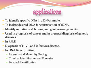  To identify specific DNA in a DNA sample.
 To Isolate desired DNA for construction of rDNA.
 Identify mutations, deletions, and gene rearrangements.
 Used in prognosis of cancer and in prenatal diagnosis of genetic
diseases.
 In RFLP.
 Diagnosis of HIV-1 and infectious disease.
 In DNA fingerprinting:
 Paternity and Maternity Testing
 Criminal Identification and Forensics
 Personal Identification
 