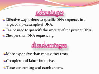 Effective way to detect a specific DNA sequence in a
large, complex sample of DNA.
Can be used to quantify the amount of the present DNA.
Cheaper than DNA sequencing.
More expansive than most other tests.
Complex and labor-intensive.
Time consuming and cumbersome.
 