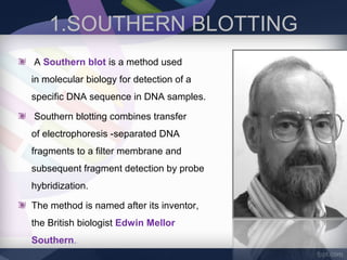 1.SOUTHERN BLOTTING
A Southern blot is a method used
in molecular biology for detection of a
specific DNA sequence in DNA samples.
Southern blotting combines transfer
of electrophoresis -separated DNA
fragments to a filter membrane and
subsequent fragment detection by probe
hybridization.
The method is named after its inventor,
the British biologist Edwin Mellor
Southern.
 
