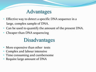 Advantages
• Effective way to detect a specific DNA sequence in a
large, complex sample of DNA.
• Can be used to quantify the amount of the present DNA.
• Cheaper than DNA sequencing
Disadvantages
• More expensive than other tests
• Complex and labour intensive
• Time consuming and cumbersome
• Require large amount of DNA
 