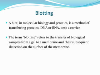 Blotting
 A blot, in molecular biology and genetics, is a method of
transferring proteins, DNA or RNA, onto a carrier.
 The term "blotting" refers to the transfer of biological
samples from a gel to a membrane and their subsequent
detection on the surface of the membrane.
 