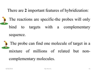 There are 2 important features of hybridization:
The reactions are specific-the probes will only
bind to targets with a complementary
sequence.
The probe can find one molecule of target in a
mixture of millions of related but non-
complementary molecules.
8/30/2018 By Hirut G. 15
 