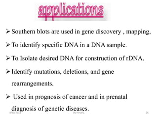 Southern blots are used in gene discovery , mapping,
To identify specific DNA in a DNA sample.
To Isolate desired DNA for construction of rDNA.
Identify mutations, deletions, and gene
rearrangements.
 Used in prognosis of cancer and in prenatal
diagnosis of genetic diseases.8/30/2018 By Hirut G. 26
 