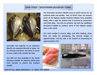 OUR FISH : SOUTHE
                                           ERN BLUEFIN TUNA

                                                  The Au
                                                       ustralian Southern Bluefin tuna is world renown for its
                                                  suprem taste and quality. And, at Tonyʼs Tuna, we process
                                                       me
                                                  some o the highest quality Southern Bluefin Tuna available
                                                       of
                                                  today, with a high fat content that is favored by consumers
                                                  and ch
                                                       hefs alike. Our fish are pristine, fed with the healthiest
                                                  all-nat
                                                        tural baitfish to produce some of the highest quality
                                                  Tuna in the world
                                                        n     world.


                                                  Our ca
                                                       atch weight is around 18kg, and after feeding, when
                                                  they   are
                                                         a     ready   for   processing, the   harvest   weight is
                                                       ximately +25 kg, with a fat content at processing of
                                                  approx
                                                  approx
                                                       ximately 23%.


  Currently, the majority of our Southern
          y        j    y
  Bluefin are exported directly to Japan for
  its richness and flavor, and when it comes
  to tuna, Japan only accepts the best.


  Our SBT are now available to the North
  American market for delivery within days
  from   harvest   to   ensure   the   freshest
  quality.
     li

Call CP Lee, Sales Associate / C: (201) 321-0625
                                               5
 