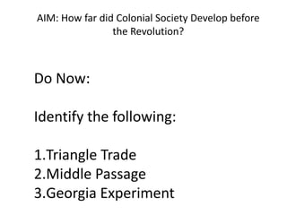 AIM: How far did Colonial Society Develop before the Revolution? Do Now:   Identify the following: Triangle Trade Middle Passage Georgia Experiment 
