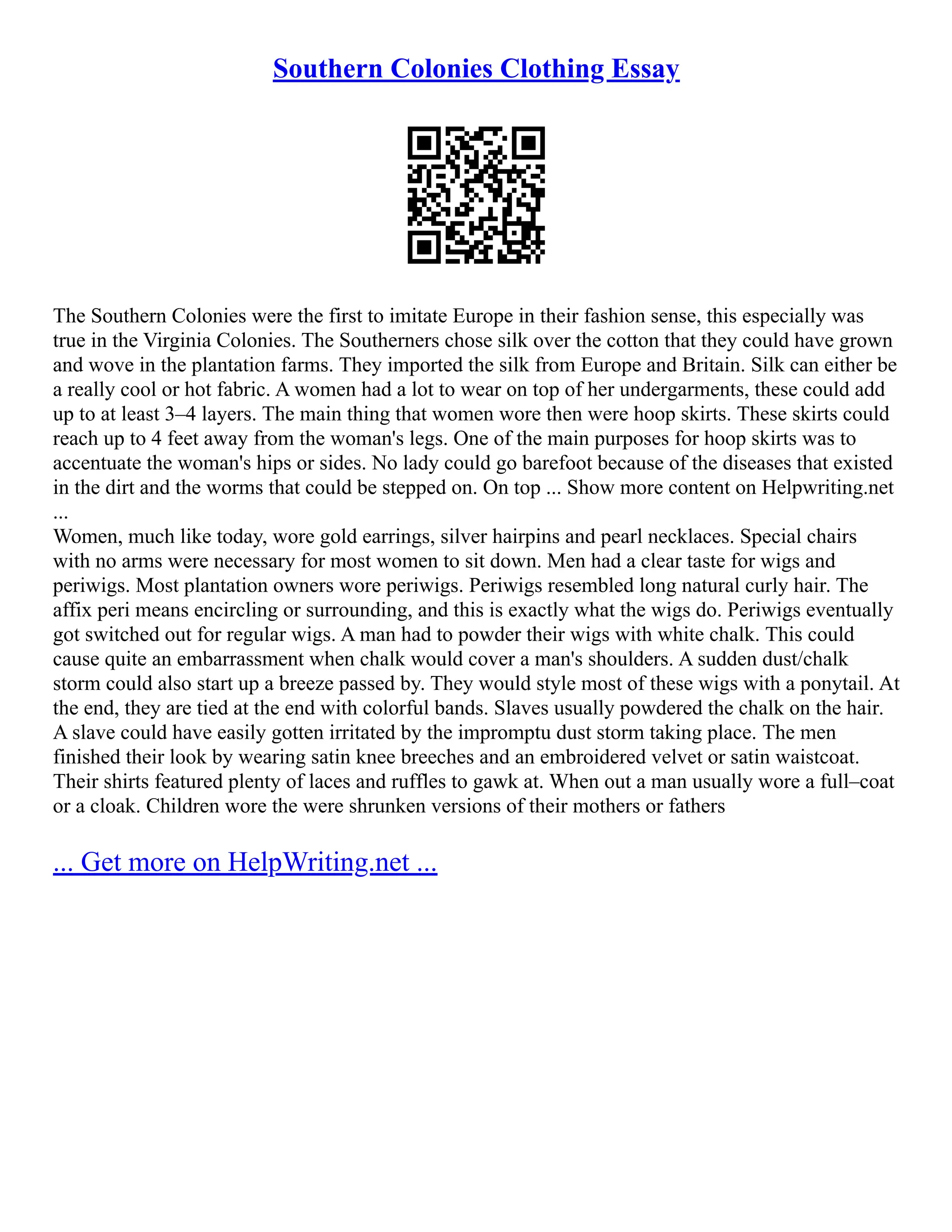 Southern Colonies Clothing Essay PDF