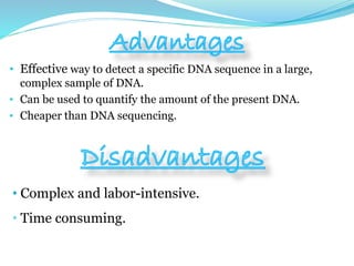 • Effective way to detect a specific DNA sequence in a large,
complex sample of DNA.
• Can be used to quantify the amount of the present DNA.
• Cheaper than DNA sequencing.
• Complex and labor-intensive.
• Time consuming.
 