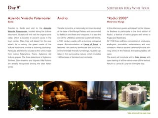 Southern Italy Wine Tour
Transfer to Andria, a historically rich town located
at the base of the Murge Plateau and surrounded
by fields of olive trees and vineyards. It is also the
site of the UNESCO protected Castel del Monte,
a 13th century castle with a stunning octoganal
shape. Accommodation at Lama di Luna, a
restored 18th century farmhouse with luxurious,
environmentally friendly furnishings. Guests can
relax in the surrounding nature, which includes
180 hectares of farmland and orchards.
Andria “Radici 2008”
Minervino Murge
In the afternoon guests will depart for the Masse-
ria Barbera to participate in the third edition of
Radici, a festival of native grapes and wines to
Puglia and Basilicata.
At 17:30 there will be a convention of producers,
enologists, journalists, restaurateurs and con-
noisseurs. After an awards ceremony for the win-
ning wines of the festival, the tasting tables will
open.
The event will conclude with a Gala dinner with
open tasting of all the native wines of the festival.
Return to Lama di Luna for overnight stay.
Transfer to Barile and visit to the Azienda
Vinicola Paternoster, located along the Vulture
Mountains. Guests will first visit the original wine
cellar, which is located in ancient caves in the
town center. Then they will depart for the new
winery for a tasting: the green crests of the
Vulture mountains provide a stunning backdrop.
Particular attention to be paid to the wines made
from native Falanghina, Fiano, Aglianico del
Vulture grapes. The three selections of Aglianico
Sinthesi, Don Anselmo and Vigneto Villa Rotono
are already recognized among the best Italian
wines.
Azienda Vinicola Paternoster
Barile
Day 9°
Take a look at the road map
 
