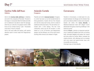 Southern Italy Wine Tour
Transfer and visit to Azienda Cantele in Guagna-
no, which has been run by the Cantele family for
three generations. Guests will tour the vineyard
and visit the newly built winery, which is made of
traditional white local stone. The visit will be con-
cluded with a wine tasting. The two most
noteworthy wines are the the Amativo, a wine
based on a mix of Primitivo and Negroamaro
grapes, and the Alticelli, one of the most recent,
exciting white wines to be created in Puglia.
Azienda Cantele
Guagnano
Transfer to Conversano, a small jewel of a city
located between the Murge and the Adriatic Sea
and surrounded by fields of olives and vineyards.
Guests will check into Corte Altavilla, a
Medieval-influenced hotel with elegant rooms
distributed throughout charming dwellings in the
historical center.
Dinner at Pashà , a family run restaurant speciali-
zing in traditional Pugliese food with an exciting
twist. Antonello Magistà will explain the cuisine
and wine while his mother, Maria, oversees the
creative kitchen, with offerings such as mussels
with tuna caviar and green-tomato soup with
mozzarella and anchovies.
Overnight stay at Corte Altavilla.
Conversano
Visit to the Cantina Valle dell’Asso in Galatina,
and visit to the vineyards of Piromàfo. The land in
this region is nicknamed after the Greek piromàfo
as it is believed to be able to resist fire damage.
Here the sun is like fire: the grapes receive 2,800
hours of sun contact during 1 year – thousands
more than a French vineyard!
Visit to the wine cellar and tasting, with special
attention paid to wines made from Negroamaro
grapes.
Cantina Valle dellʼAsso
Galatina
Day 7°
Take a look at the road map
 
